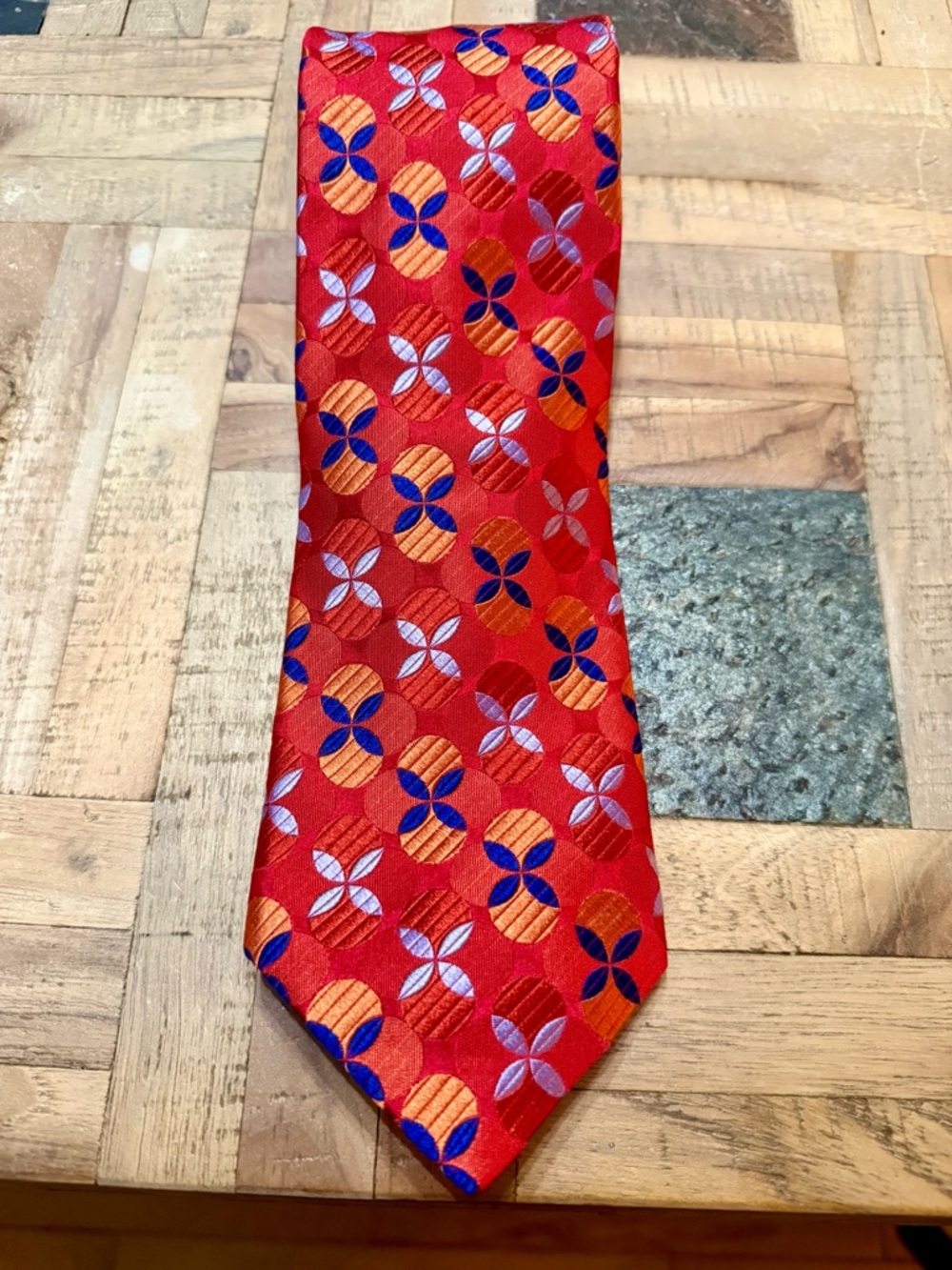 Ted Baker London Silk Tie | Red Geometric Medallion with Floral Tipping - Picture 2 of 2